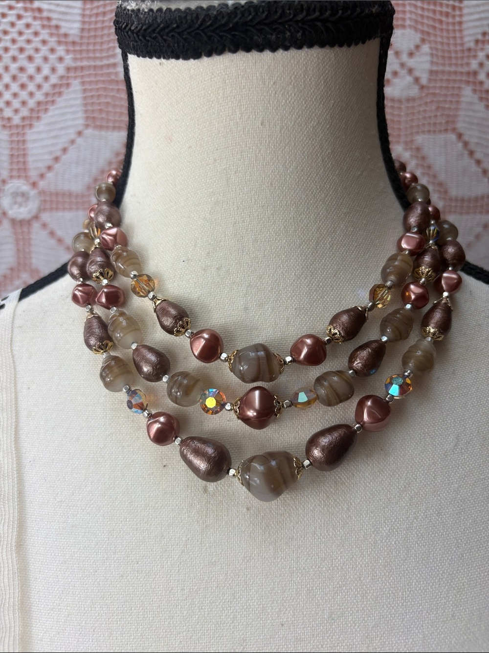 Elegant Multi-Strand Brown Pearl & Glass Necklace